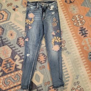 American Eagle Outfitters Blue Skinny Jeans with Pink Embroidery